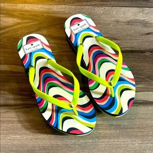 kate spade Neon Yellow Strappy Flip Flops with Multicolor Swirl Print